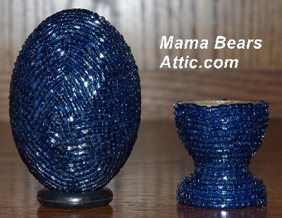 +MBA #5555-0112  "2 Cut Rich Blue Glass Seed Bead Egg With Matching Egg Cup"