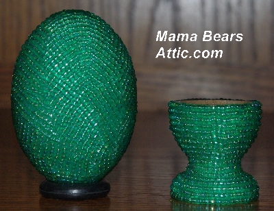 +MBA #5555-0131  "Luster Green Glass Seed Bead Egg With Matching Egg Cup"
