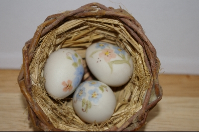 +MBA #9-209  1980's Set Of 3 Hand Painted Ceramic Eggs With Nest