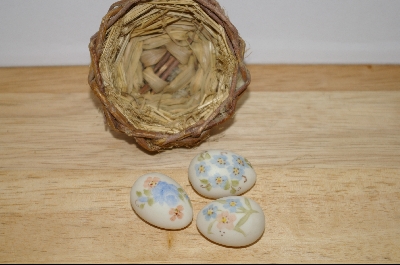 +MBA #9-209  1980's Set Of 3 Hand Painted Ceramic Eggs With Nest