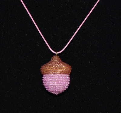 +MBA #EA-0097  "Brown & Pink Glass Seed Bead Acorn Pendant"