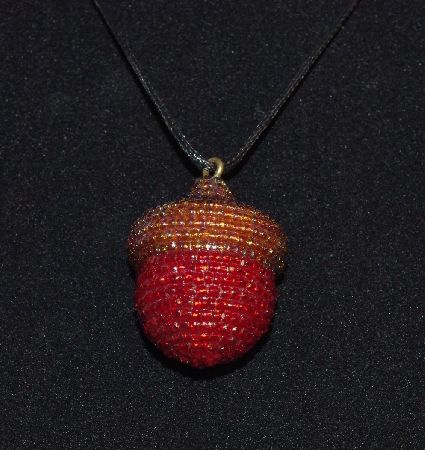 +MBA #EA-207  "Rootbeer Brown & Ruby Red Glass Seed Bead Acorn Pendant"