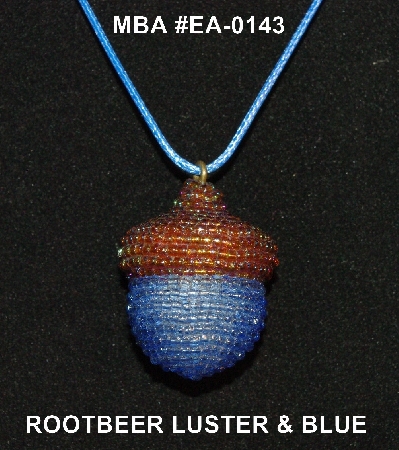 +MBA #EA-143  "Rootbeer Brown & Blue Glass Seed Bead Acorn Pendant"