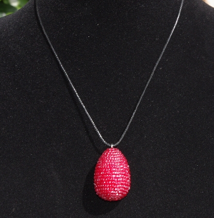 +MBA #EA3-0009  "3 Cut Red Glass Seed Bead Egg Pendant"