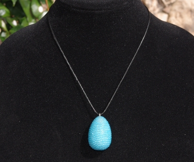 +MBA #AE3-0086  "Sky Blue Glass Seed Bead Egg Pendant"