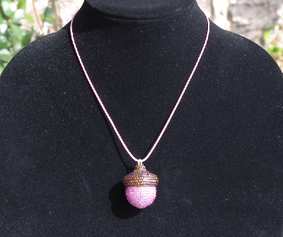 +MBA #AE3-112  "Rootbeer & Pink Luster Glass Seed Bead Acorn Pendant"