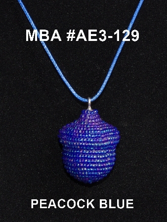 +MBA #AE3-129  "Peacock Blue Glass Seed Bead Acorn Pendant"