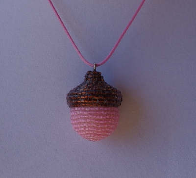 +MBA #AC1-241  "Dark Brown & Light Pink Glass Seed Bead Acorn Pendant"