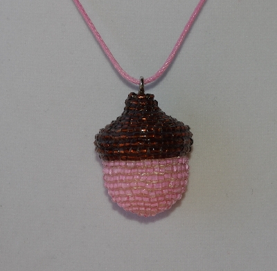 +MBA #AC1-241  "Dark Brown & Light Pink Glass Seed Bead Acorn Pendant"
