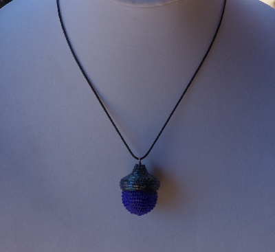 +MBA #AC1-145  "Gun Metal Grey & Dark Blue Glass Seed Bead Acorn Pendant"