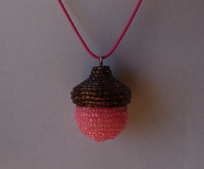 +MBA #AC1-234  "Dark Brown & Dark Pink Glass Seed Bead Acorn Pendant"