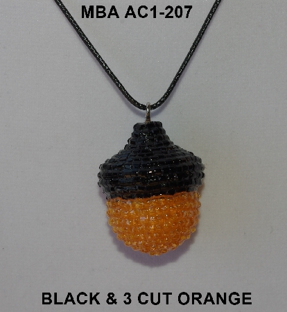 +MBA #AC1-207  "Black & 3 Cut Orange Glass Bead Acorn Pendant"