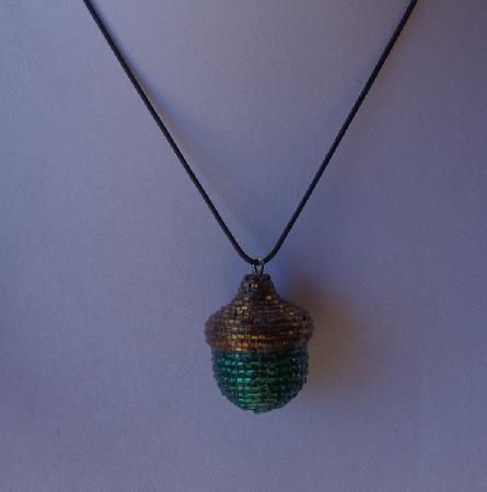 +MBA #AC1-195  "Rainbow Copper & Dark Green Glass Bead Acorn Pendant"