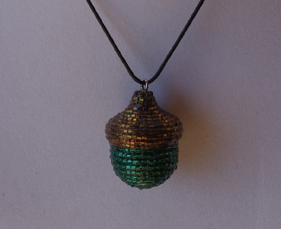+MBA #AC1-195  "Rainbow Copper & Dark Green Glass Bead Acorn Pendant"