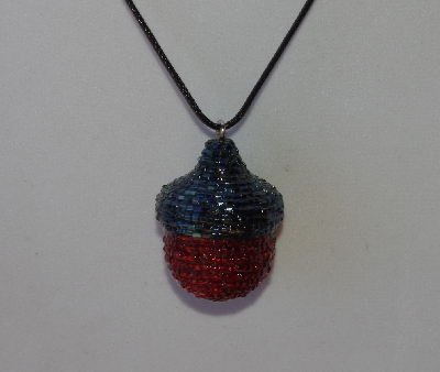 +MBA #AC1-201  "Gun Metal Grey & Ruby Red Glass Bead Acorn Pendant"