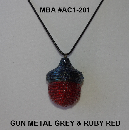 +MBA #AC1-201  "Gun Metal Grey & Ruby Red Glass Bead Acorn Pendant"