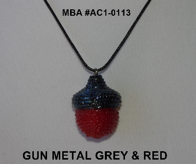 +MBA #AC1-113  "Gun Metal Grey & Red Glass Seed Bead Acorn Pendant"