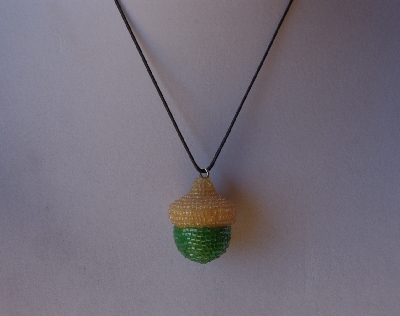 +MBA #AC1-166  "Luster Amber & 2 Cut Green Glass Seed Bead Acorn Pendant"