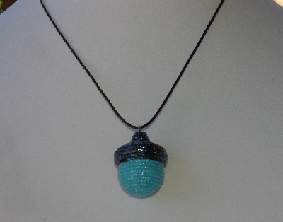 +MBA #AC1- 0089  "Gun Metal Grey & Sky Blue Glass Seed Bead Acorn Pendant"