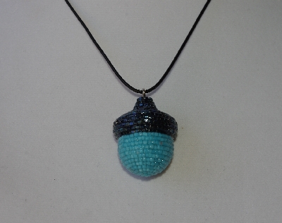 +MBA #AC1- 0089  "Gun Metal Grey & Sky Blue Glass Seed Bead Acorn Pendant"