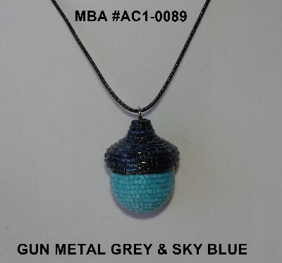 +MBA #AC1- 0089  "Gun Metal Grey & Sky Blue Glass Seed Bead Acorn Pendant"