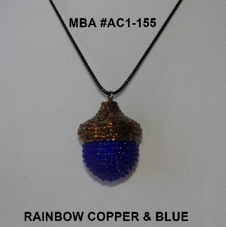 +MBA #AC1-155  "Rainbow Copper & Dark Blue Glass Seed Bead Acorn Pendant"