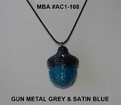 +MBA #AC1-108  "Gun Metal Grey & Blue satin Glass Bead Acorn Pendant"