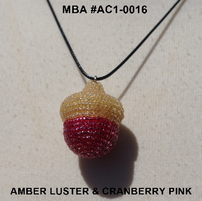 +MBA #AC1-0016  "Luster Amber & Cranberry Pink Glass Seed Bead Acorn Pendant"
