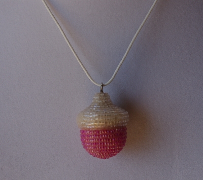 +MBA #AC1-0045  "Clear Luster & Pink Glass Bead Acorn Pendant"