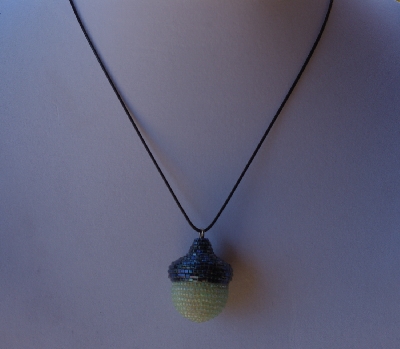 +MBA #AC1-131  "Gun Metal Grey & Pale Green Glass Seed Bead Acorn Pendant"