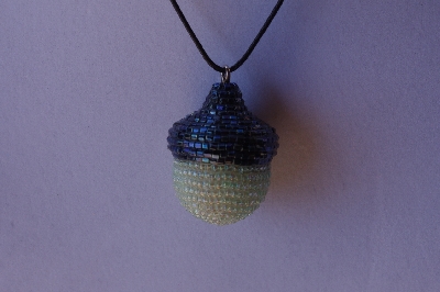 +MBA #AC1-131  "Gun Metal Grey & Pale Green Glass Seed Bead Acorn Pendant"