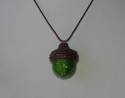 +MBA #AC1-0056  "Luster Brown & Satin Green Glass Seed Bead Acorn Pendant"