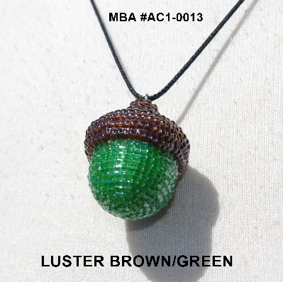 +MBA #AC1-0013  "Luster Brown & 2 Cut Green Glass Seed Bead Acorn Pendant"