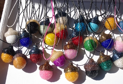 +MBA #AC1-0013  "Luster Brown & 2 Cut Green Glass Seed Bead Acorn Pendant"