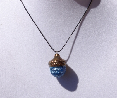 +MBA #AC1-0022  "Rainbow Copper & Blue Glass Seed Bead Acorn Pendant"