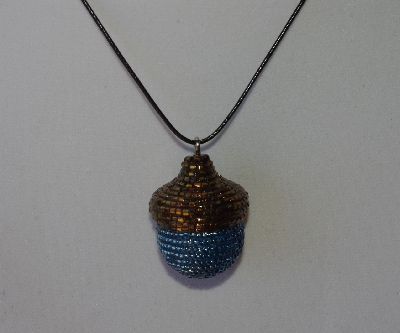 +MBA #AC1-0022  "Rainbow Copper & Blue Glass Seed Bead Acorn Pendant"
