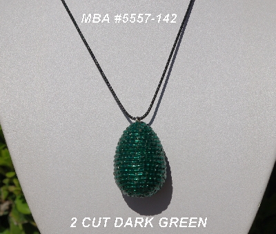 +MBA #5557-142  "2 Cut Darge Green Glass Seed Bead Egg Pendant"