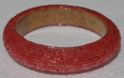 +MBA #5556-367  "Fancy Cut Coral Glass Seed Bead Bangle Bracelet"