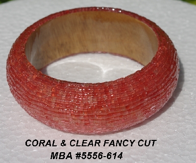 +MBA #5556-614  "Coral & Clear Fancy Cut Glass Seed Bead Bangle Bracelet"