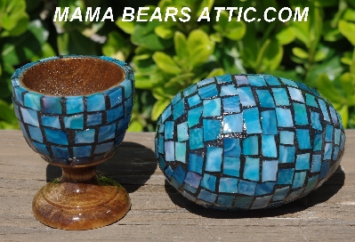 +MBA #5556-420  "Large Multi Blue Mosaic Stained Glass Egg With Matching Egg Cup"