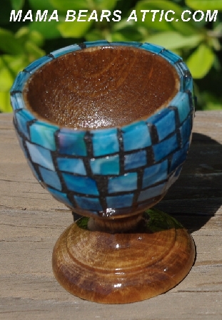 +MBA #5556-420  "Large Multi Blue Mosaic Stained Glass Egg With Matching Egg Cup"