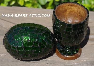 +MBA #5556-423  "Large Green Glitter Glass Mosaic Egg With Matching Egg Cup"