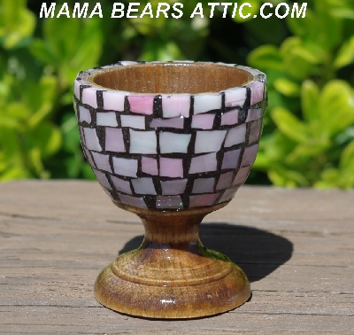 +MBA #5556-438  "Iridescent Pink Stained Glass Mosaic Egg With Matching Egg Cup"