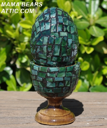 +MBA #5556-445  "Multi Green Stained Glass Mosaic Egg With Matching Egg Cup"