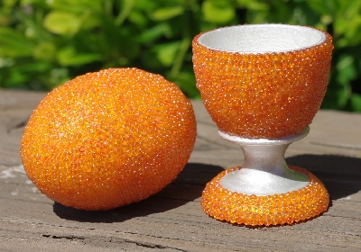 +MBA #5556-464  "Orange Luster Glass Seed Bead Egg With Matching Egg Cup