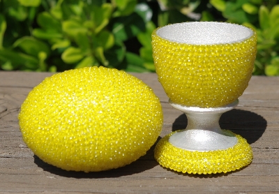 +MBA #5556-457  "Luster Yellow Glass Seed Bead Egg With Matching Egg Stand"