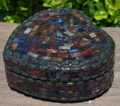 +MBA #5558-286  "Black & Multi Stained Glass Heart Shaped Mosaic Jewelry Trinket Box"