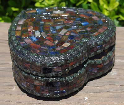 +MBA #5558-286  "Black & Multi Stained Glass Heart Shaped Mosaic Jewelry Trinket Box"