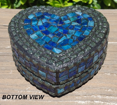 +MBA #5558-313  "Black & Multi Blue Stained Glass Heart Shaped Mosaic Jewelry Trinket Box"
