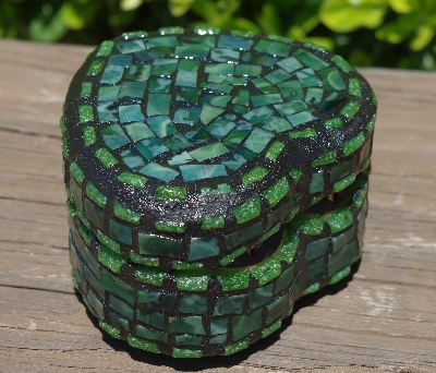 +MBA #5558-332  "Small Multi Green Stained Heart Shaped Mosaic Jewelry Trinket Box"